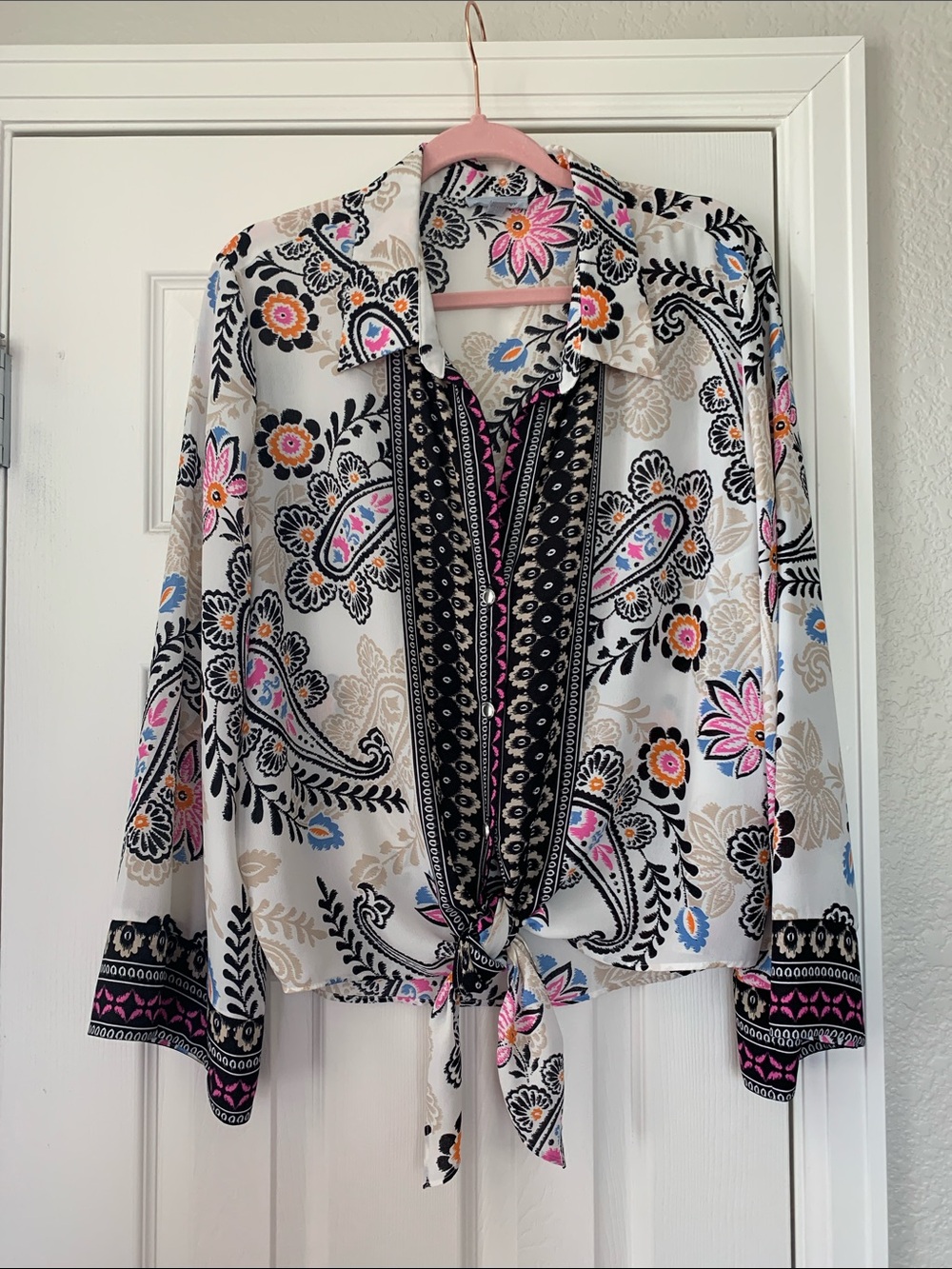 White Floral Paisley Tie-Front Button Down Blouse